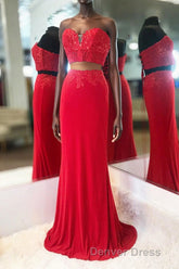 Elegant Two Piece Sweetheart Beaded Red Prom Dresses with Lace-up Back