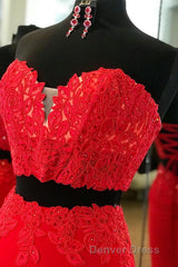 Elegant Two Piece Sweetheart Beaded Red Prom Dresses with Lace-up Back