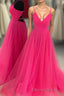 V Neck A-line Hot Pink Long Prom Dresses with Lace-up Back