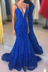 Elegant V Neck Mermaid Royal Blue Long Lace Prom Dresses