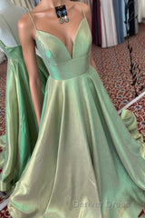 Elegant A-Line Empire V-Neck Green Long Prom Dresses with Straps