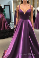 Gorgeous V Neck Lace-up Back Plum Long Prom Dresses