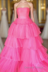 Elegant Strapless Layered Hot Pink Long Prom Dresses with Slit