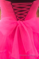 Elegant Strapless Layered Hot Pink Long Prom Dresses with Slit