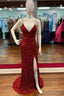Red Sequin Fringe V Neck Lace Up Back Mermaid Long Prom Dresses with Slit