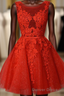Red Lace Round Neckline Short Prom Dress, Red Short Homecoming Dresses