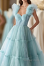 Light Blue Tulle Straps Long Party Dresses Evening Dresses, Light Blue A-Line Prom Dresses