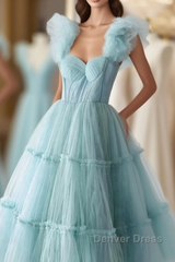 Light Blue Tulle Straps Long Party Dresses Evening Dresses, Light Blue A-Line Prom Dresses