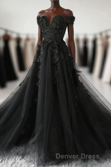 Black Off Shoulder Tulle Long Evening Dresses Prom Dresses, Black Lace Formal Dresses