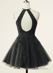 Black Halter Tulle With Lace Short Party Dresses, Black Tulle Homecoming Dresses