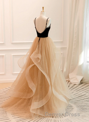 A-Line Champagne Tulle Sweetheart Beaded Long Prom Dresses, Tulle Layers Party Dresses