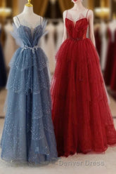 A-Line Tulle Layers Beaded Straps Long Party Dresses, Tulle Prom Dresses Evening Dresses