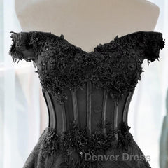 A-Line Off Shoulder Black Tulle With Lace Party Dresses, Black Long Prom Dresses