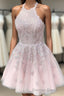 Halter Lace Up back Short Pink Lace Homecoming Dresses