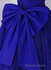 Royal Blue Scoop Tulle Short Sleeves Long Prom Dresses, Royal Blue A-Line Party Dresses