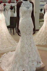 High Neck Mermaid Ivory Lace Wedding Dresses
