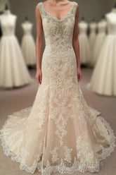 Mermaid Long Champagne Bridal Dresses with Lace