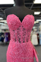 Hot Pink Appliques Strapless Mermaid Long Prom Dresses