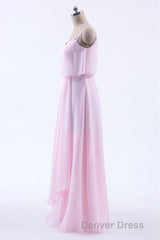 Pink Flounce Chiffon Straps A-line Long Bridesmaid Dresses