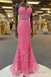Hot Pink Appliques Strapless Mermaid Long Prom Dresses