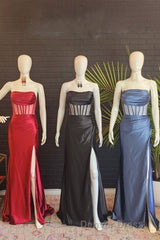 Black Strapless Mermaid Satin Long Prom Dresses with Slit