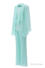 Aqua Three-Piece Chiffon Mother of the Bride Pant Suits