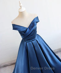 Simple Blue Satin Long Prom Dresses, Blue Formal Dresses