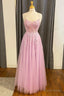 Pink Lace Tulle Lace Up Back A Line Prom Dresses