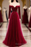 Burgundy Round Neck Tulle Sequin Long Prom Dress, Tulle Prom Dresses