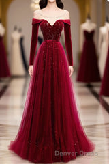 Burgundy Round Neck Tulle Sequin Long Prom Dresses, Tulle Formal Dresses