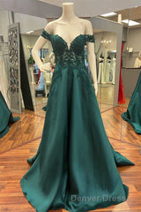 Hunter Green Lace Off-the-Shoulder A-Line Long Prom Dresses