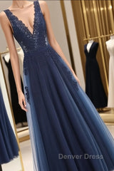 Glamorous Navy Blue Lace Tulle V Neck See Through Prom Dresses