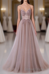 Pink V-Neckline Beaded Straps Long Party Dresses, A-Line Pink Tulle Floor Length Prom Dresses