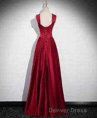 A-Line Sleeveless Wine Red Satin Evening Dresses, Wine Red Long Prom Dresses