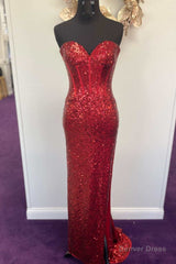 Mermaid Red Sequin Strapless Long Prom Dress with Slit