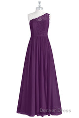 One-Shoulder Purple Lace A-Line Long Bridesmaid Dresses with Slit