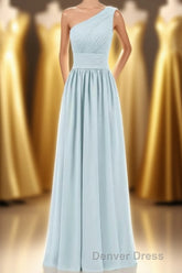 Dusty Blue Chiffon One-Shoulder Banded Waist Bridesmaid Dresses