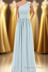 Dusty Blue Chiffon One-Shoulder Banded Waist Bridesmaid Dresses