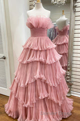 Candy Pink Tulle A-line Strapless Ruffles layers Long Prom Dresses