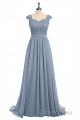 Dusty Blue Lace Cap Sleeve A-Line Floor-Length Bridesmaid Dresses