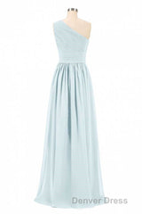 Dusty Blue Chiffon One-Shoulder Banded Waist Bridesmaid Dresses