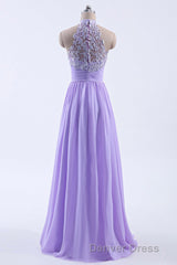 High Neck Lavender Chiffon Empire A-line Long Bridesmaid Dresses