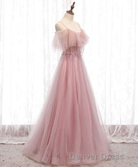 Pink Sweetheart Tulle Long Prom Dresses, Pink Tulle Formal Dresses, 1