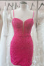 Hot Pink V Neck Straps Sequins Sheath Homecoming Dresses