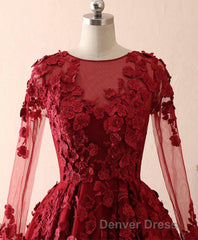 Burgundy Lace Satin Long Prom Dresses, Burgundy Lace Evening Dresses