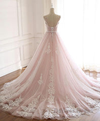 Pink Sweetheart Lace Tulle Long Prom Dresses, Lace Pink Evening Dresses