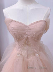 Pink Sweetheart Tulle Beaded Long Party Dresses, Pink Tulle Prom Dresses Evening Dresses