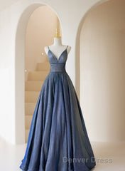 Blue V-Neckline Straps Low Back A-Line Prom Dresses, Blue Long Evening Dresses