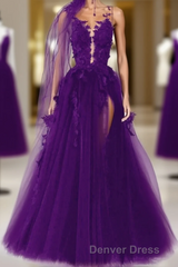 Purple Tulle With Lace Applique Long Party Dresses, A-Line Tulle Formal Dresses