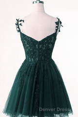 V-Neckline Dark Green Tulle With Lace Short Homecoming Dresses, Green Short Prom Dresses